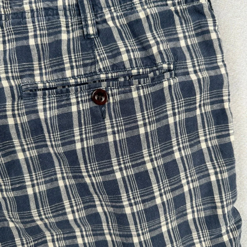 Vintage 2003-2004 J Crew Shorts Men's 38W 100% Linen Plaid Blue White Macau Y2K